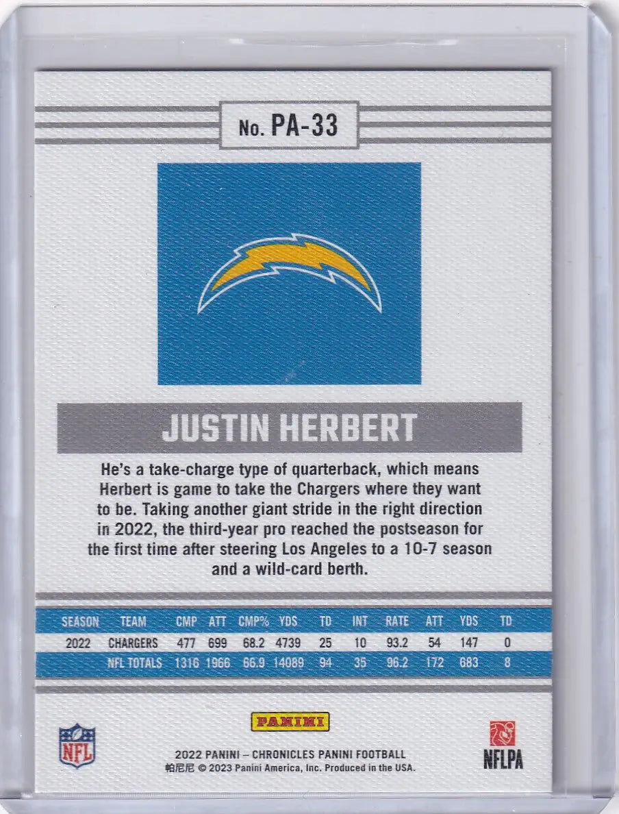 2022 Panini Chronicles #PA-33 Justin Herbert - Los Angeles Chargers - Football Card Single