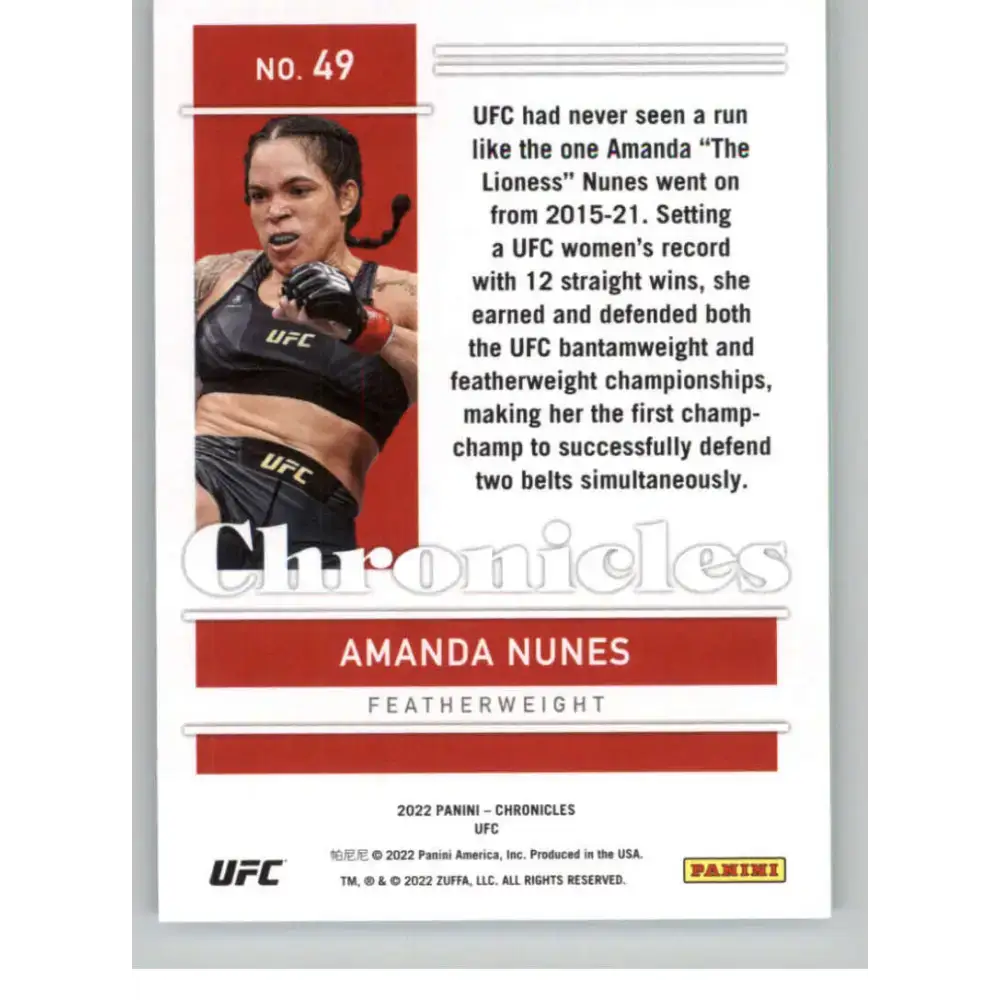 2022 Panini Chronicles UFC #49 Amanda Nunes NM-MT Featherweight MMA Card - UFC/MMA Card Single