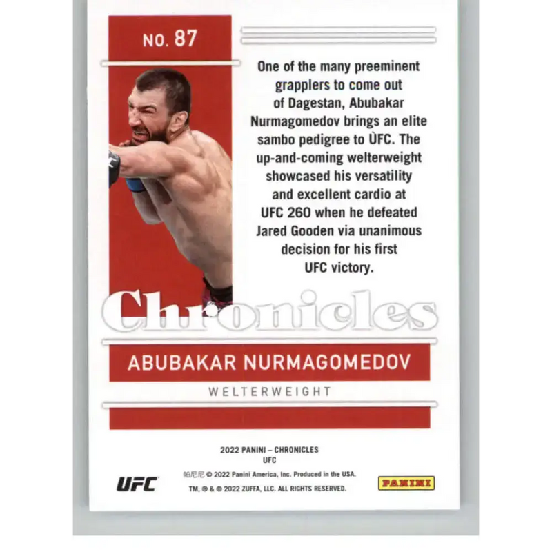 2022 Panini Chronicles UFC #87 Abubakar Nurmagomedov NM-MT RC Rookie Welterweight MMA Card - UFC/MMA Card Single