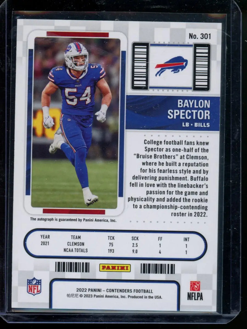 Panini Contenders Baylon Spector football card from 2022 Panini Contenders series