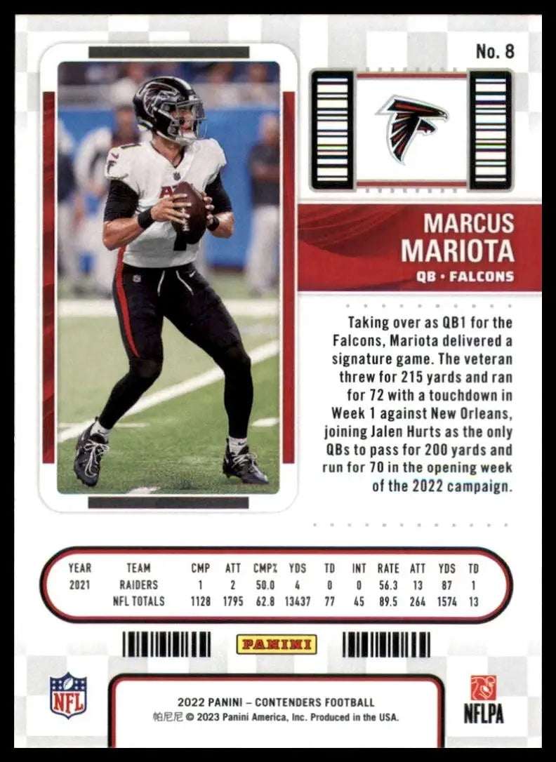 2022 Panini Contenders Marcus Mariota #8 Atlanta Falcons Football Card NFL Sport - Football Card Single