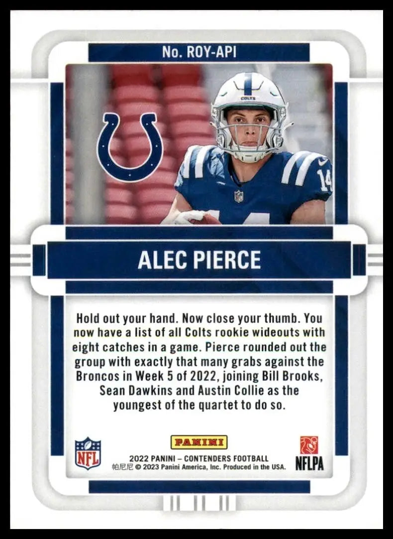 2022 Panini Contenders - Rookie of the Year Contenders Alec Pierce #ROY-API (RC) - Football Card Single
