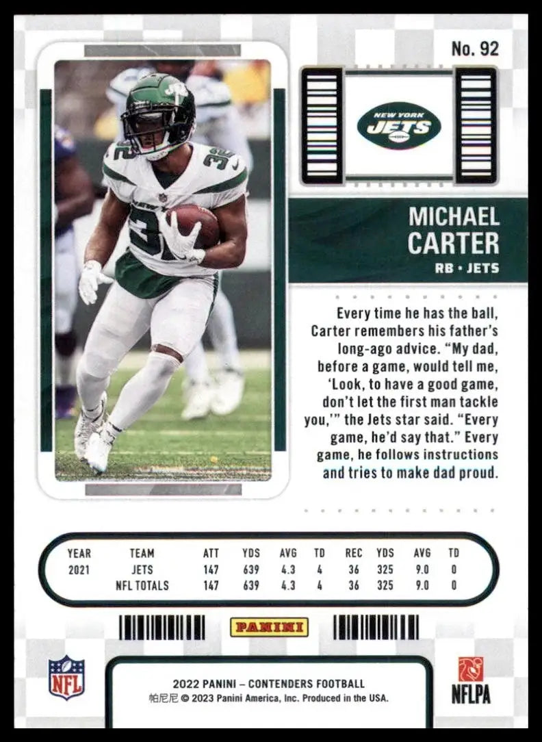 2022 Panini Contenders Season Ticket Michael Carter #92 New York Jets Football - Football Card Single