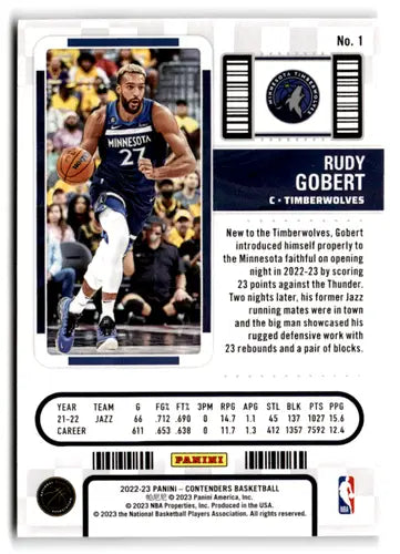 Original gloss Rudy Gobert basketball card from 2022 Panini Contenders Season Ticket retail