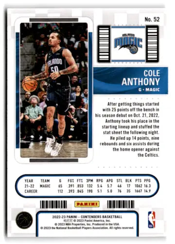 Basketball trading card featuring 2022 Panini Contenders Season Ticket Cole Anthony NM