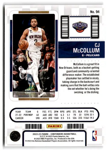 Basketball card featuring CJ McCollum from Panini Contenders Season Ticket 2022