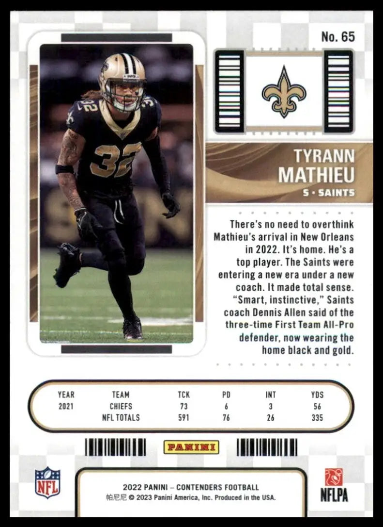 2022 Panini Contenders Season Ticket Tyrann Mathieu #65 New Orleans Saints Card - Football Card Single