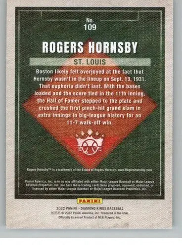 Original gloss on the back of Panini Diamond Kings baseball card Rogers Hornsby NM-MT SP