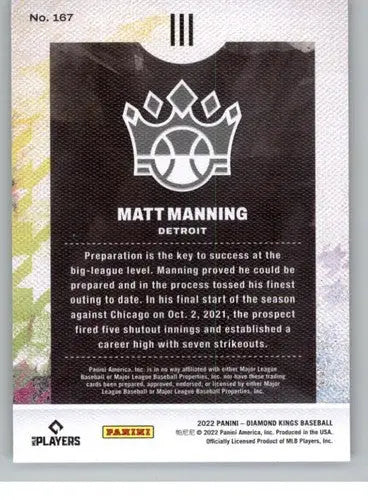 2022 Panini Diamond Kings #167 Matt Manning NM-MT RC Rookie Tigers Rook ID:44921 - Baseball Card Single