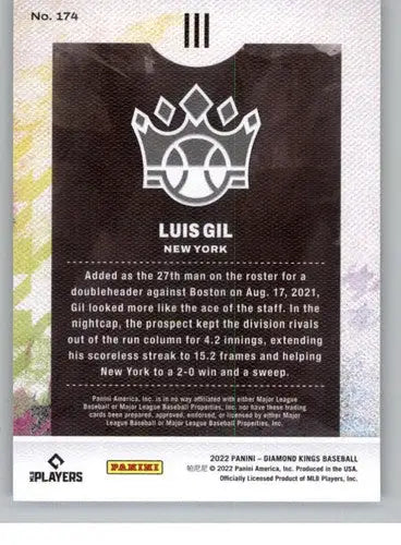 Baseball card back with original gloss for Panini Diamond Kings Luis Gil rookie card
