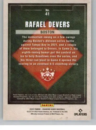 Baseball card back with original gloss from Panini Diamond Kings 2022 Rafael Devers