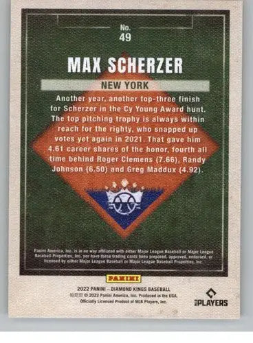 2022 Panini Diamond Kings Max Scherzer baseball card with original gloss NM-MT Mets