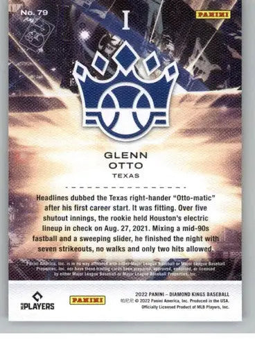 Close-up of Baseball card back from 2022 Panini Diamond Kings Glenn Otto Rookie