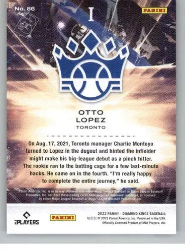 Baseball card back showing Otto Lopez original gloss from 2022 Panini Diamond Kings Rookie