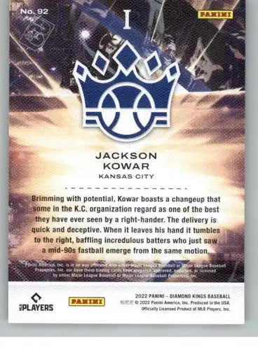 Baseball card back with original gloss from Panini Diamond Kings 2022 Jackson Kowar Rookie
