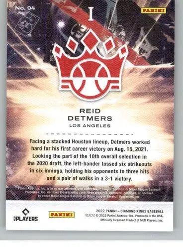 2022 Panini Diamond Kings baseball card back with original gloss for Reid Detmers RC