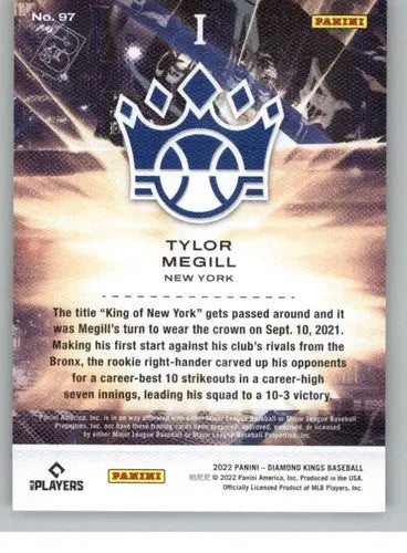 Baseball card back with original gloss from Panini Diamond Kings featuring Tylor Megill Rookie