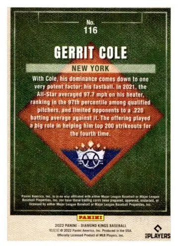 Gerrit Cole baseball card from 2022 Panini Diamond Kings Kings Artist Proof Blue