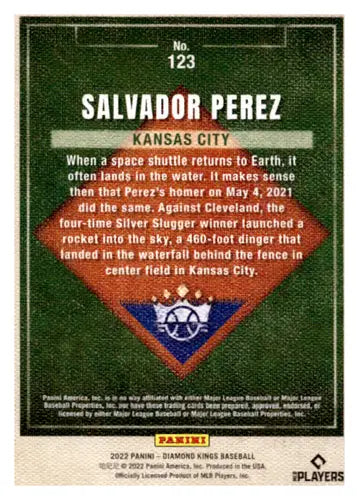 Original gloss baseball card from Panini Diamond Kings Artist Proof Blue set featuring Salvador Perez