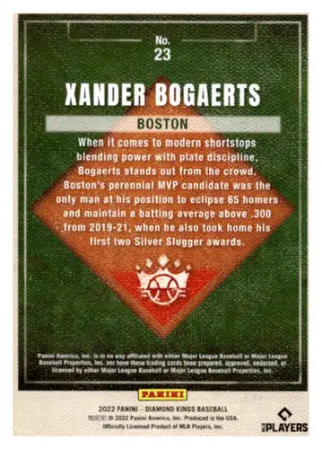 Baseball card back from 2022 Panini Diamond Kings Artist Proof Blue Xander Bogaerts