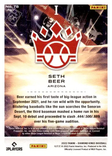 Baseball card back from 2022 Panini Diamond Kings Artist Proof Blue Seth Beer NM-MT RC