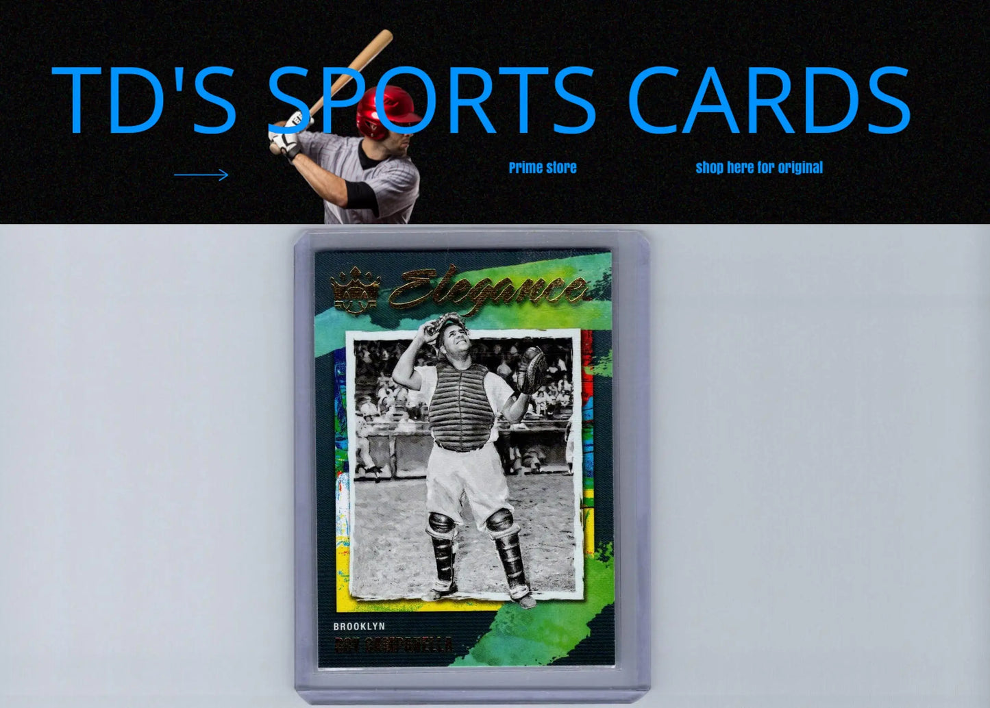 Baseball card of Roy Campanella in protective case from Panini Diamond Kings Roy Campanella Elegance