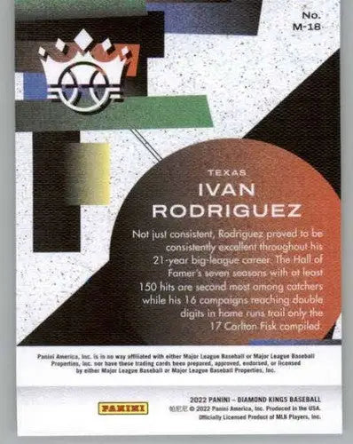 Back of 2022 Panini Diamond Kings Maestros Ivan Rodriguez baseball card with original gloss