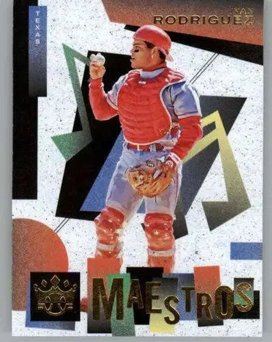 Original gloss baseball card from Panini Diamond Kings Maestros series featuring Ivan Rodriguez