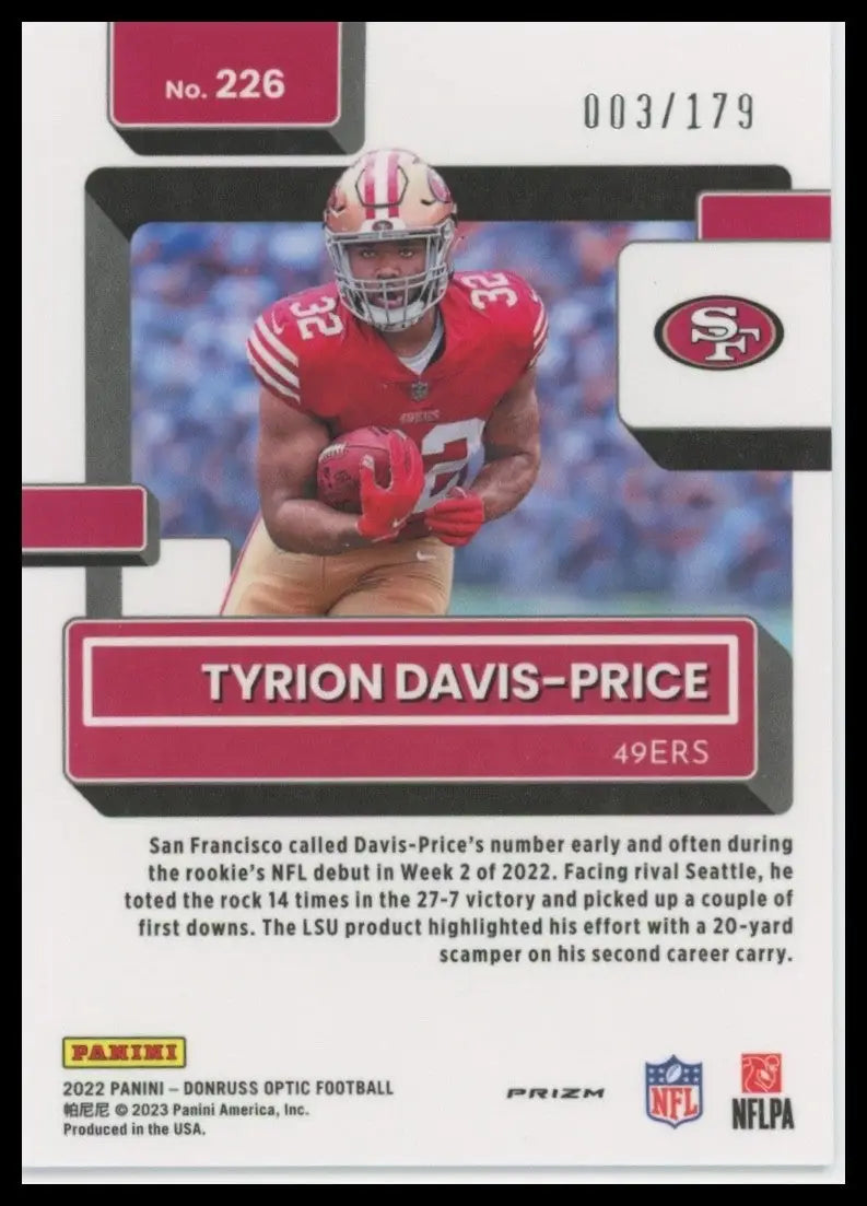 2022 Panini Donruss Optic - Rated Rookie Tyrion Davis-Price #226 Blue Prizm /179 - Football Card Single