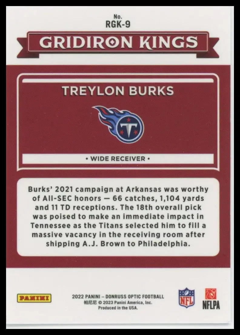 2022 Panini Donruss Optic - Rookie Gridiron Kings Treylon Burks #RGK-9 (RC) - Football Card Single