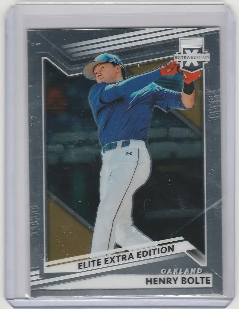 Baseball trading card of Henry Bolte Oakland Athletics in blue uniform mid-swing