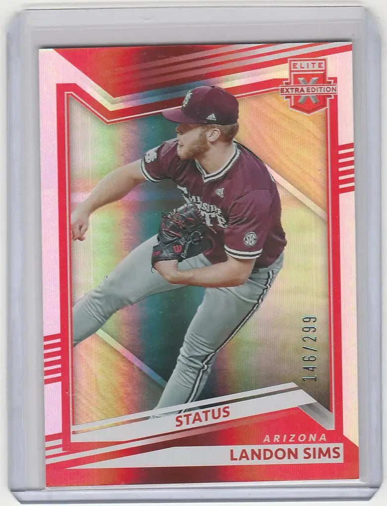 Baseball trading card of Landon Sims in mid-throw for Panini Extra Edition Status