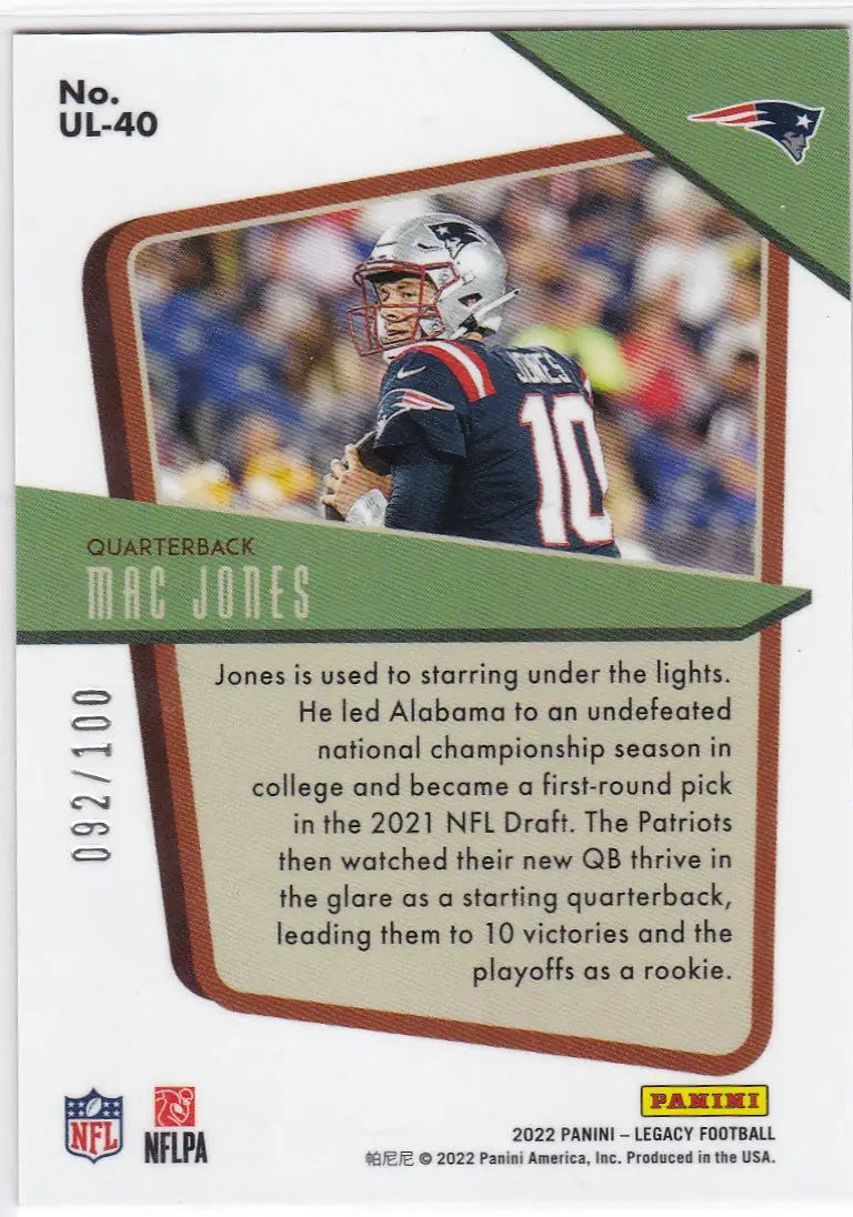 2022 Panini Legacy #UL-40 Mac Jones Under the Lights Broze 92/100 Patriots