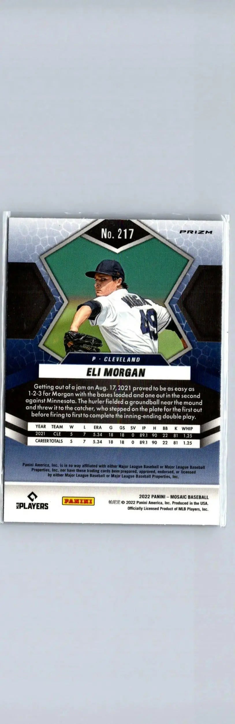 Eli Morgan baseball card from 2022 Panini Mosaic series front view