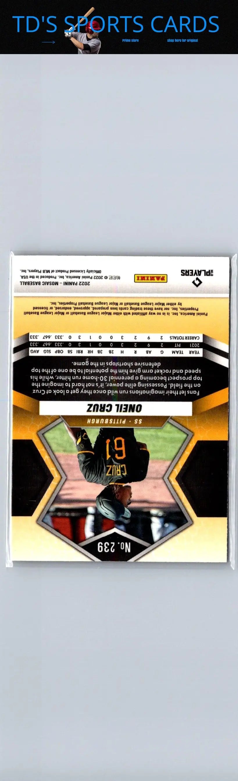 Baseball card back of Oneil Cruz from 2022 Panini Mosaic product