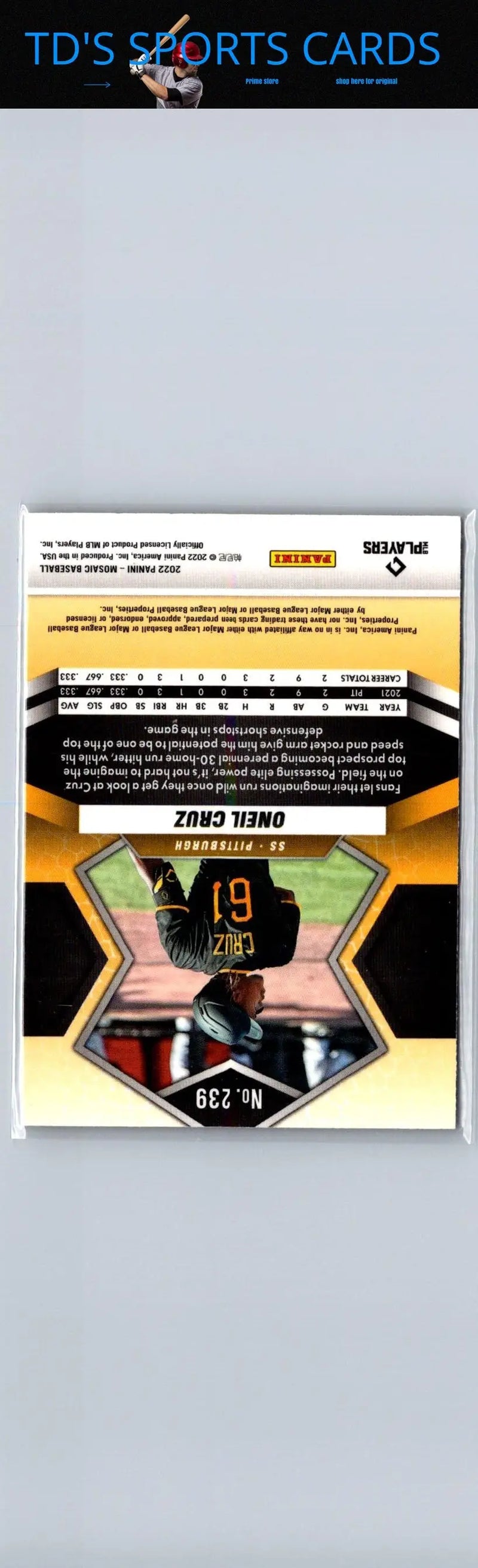 Baseball card back of Oneil Cruz from 2022 Panini Mosaic product