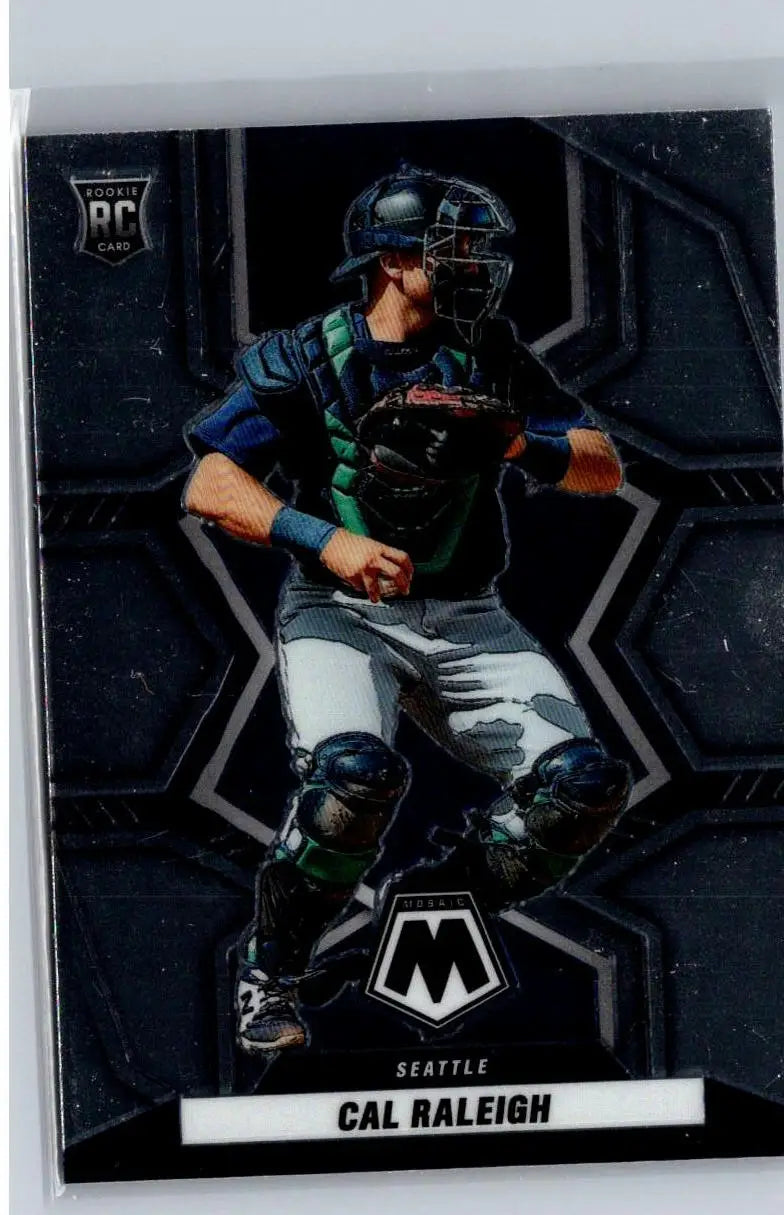 Cal Raleigh baseball card from 2022 Panini Mosaic series featuring Cal Raleigh