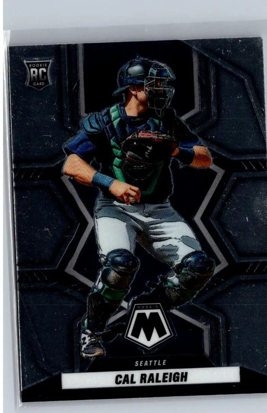 Cal Raleigh baseball card from 2022 Panini Mosaic series featuring Cal Raleigh