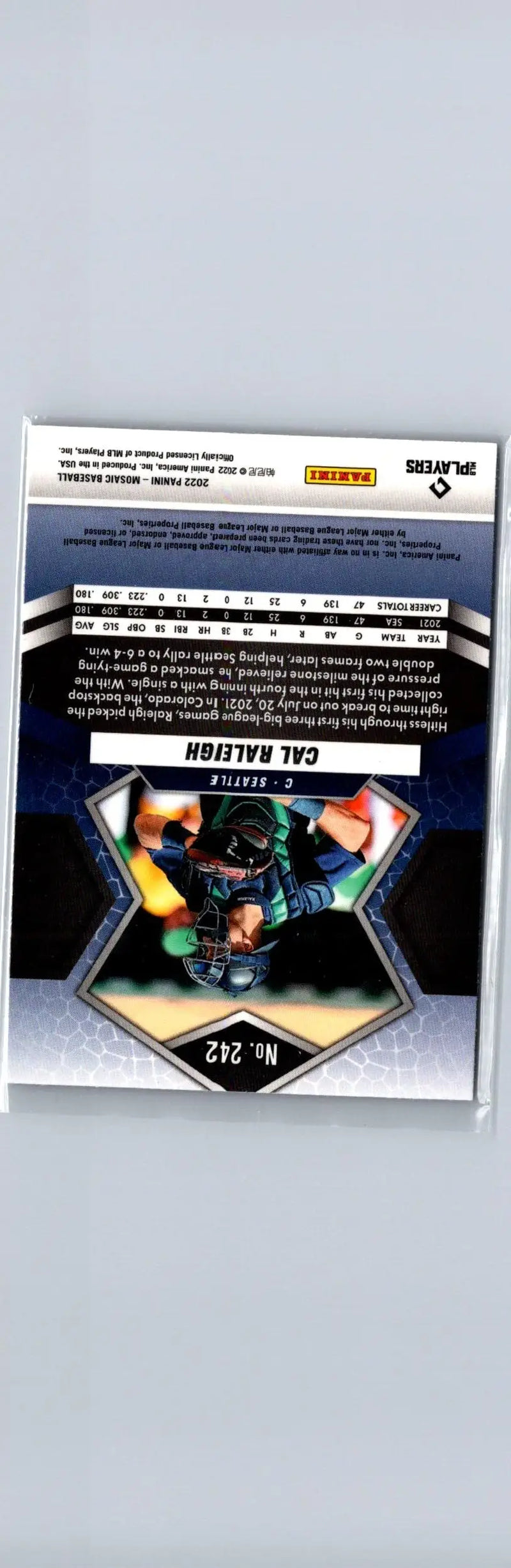 Cal Raleigh baseball card from 2022 Panini Mosaic series featuring Cal Raleigh