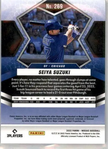 Seiya Suzuki baseball card featuring original gloss from 2022 Panini Mosaic Rookie Cubs