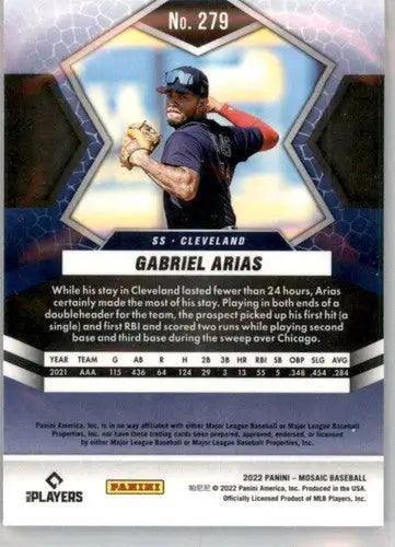 Baseball card back from 2022 Panini Mosaic Gabriel Arias Rookie with original gloss