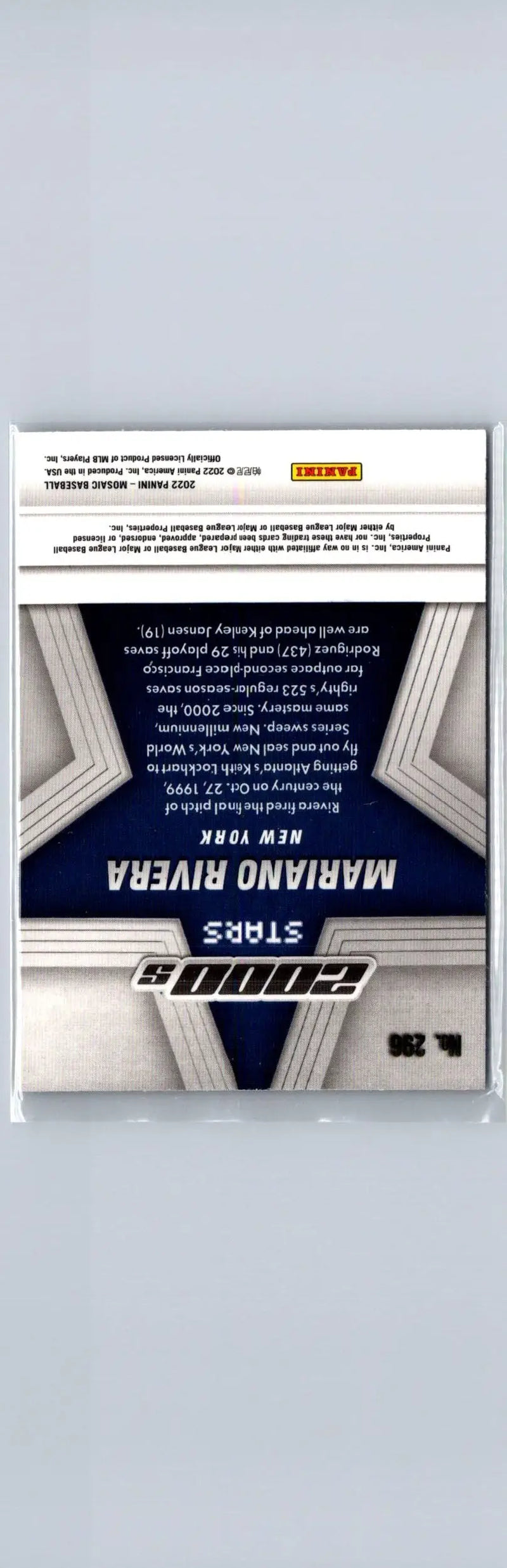 Back of 2008 Panini Stars Mariano Rivera baseball card in 2022 Panini Mosaic #296