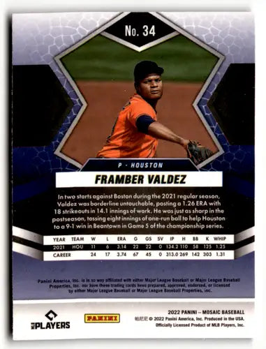 Original gloss Panini Mosaic Framber Valdez baseball card for 2022 Astros collection