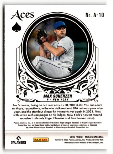 2022 Panini Mosaic Aces Max Scherzer baseball card showcasing mosaic aces design