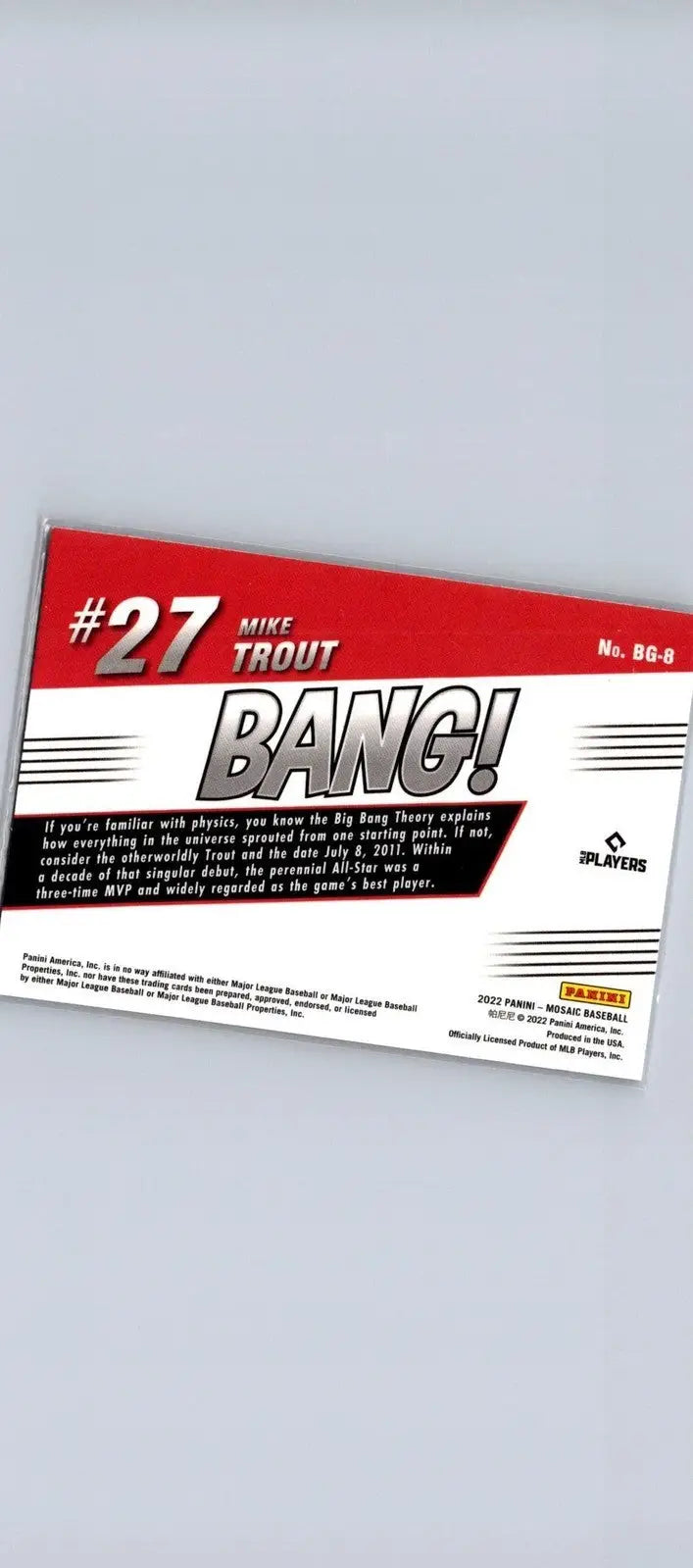 Mike Trout baseball card from 2022 Panini Mosaic #BG-8 Mike Trout Bang! collection