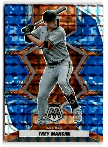 Trey Mancini baseball card from 2022 Panini Mosaic Blue Camo series with Mosaic Blue design