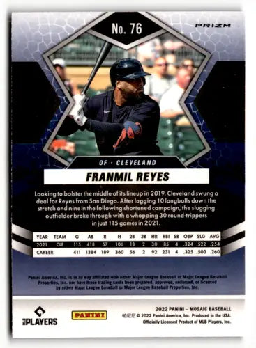 Franmil Reyes baseball card featuring 2022 Panini Mosaic Mosaic Blue Camo design