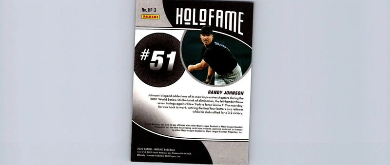 Randy Johnson baseball card from 2022 Panini Mosaic #HF-3 Randy Johnson Holofame