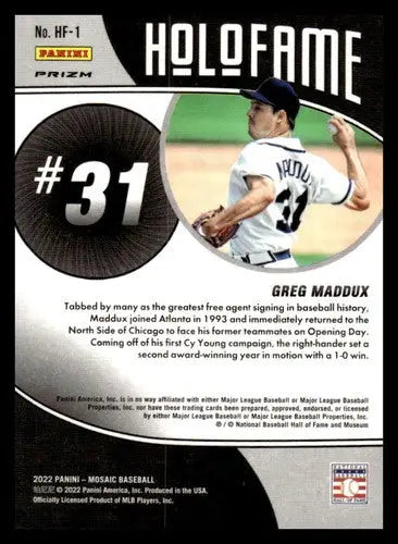 Greg Maddux baseball card from Panini Mosaic Holofame Mosaic Green series