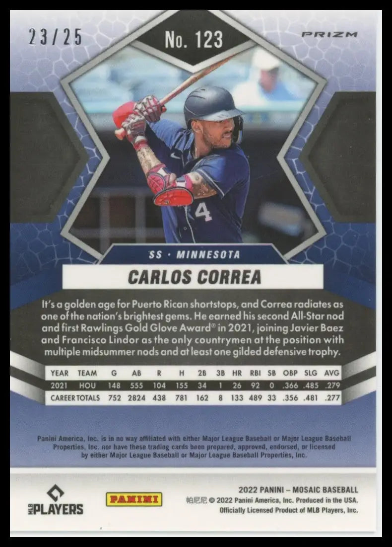 2022 Panini Mosaic - Orange Fluorescent Carlos Correa 123 /25 Minnesota Twins NM - Baseball Card Single
